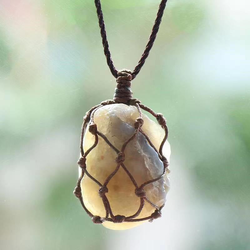 Rough Stone Mesh Pendant Crystal Agate Woven Necklace