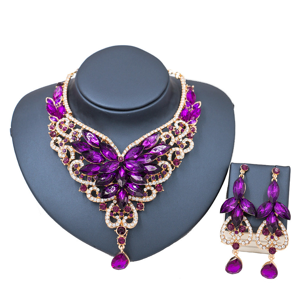 2026 speed selling explosion, African, European and American color exaggerated bride necklace earrings set of alloy manufacturers