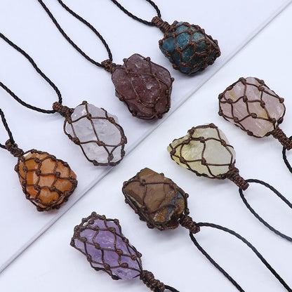 Rough Stone Mesh Pendant Crystal Agate Woven Necklace