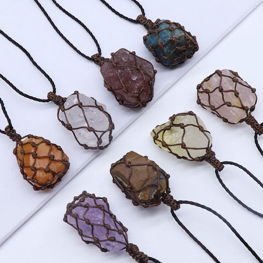 Rough Stone Mesh Pendant Crystal Agate Woven Necklace