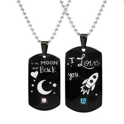 Heartbeat & Heart Shape Rocket Moon Couple Necklaces Black Titanium Steel DIY Engrave Tag Stone Pendant Necklace