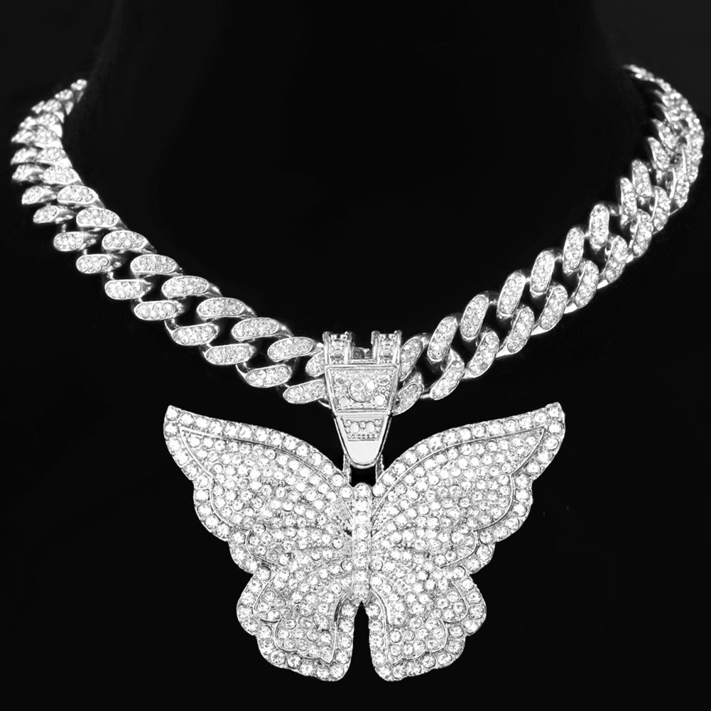 Exaggerated Butterfly Pendant Cuban Necklace With Diamonds