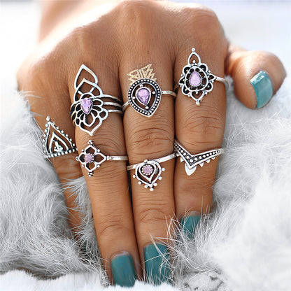 Vintage Purple Crystal Triangle Alloy Ring Set