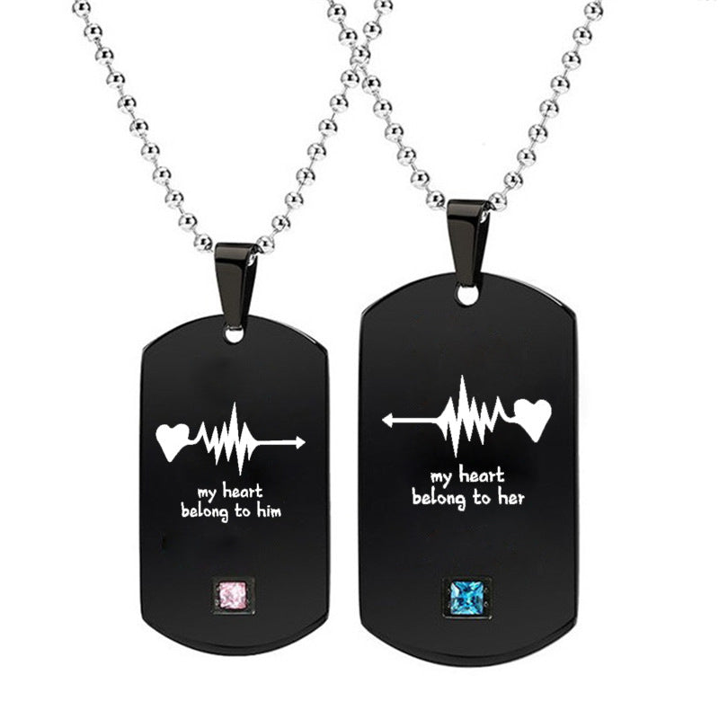 Heartbeat & Heart Shape Rocket Moon Couple Necklaces Black Titanium Steel DIY Engrave Tag Stone Pendant Necklace