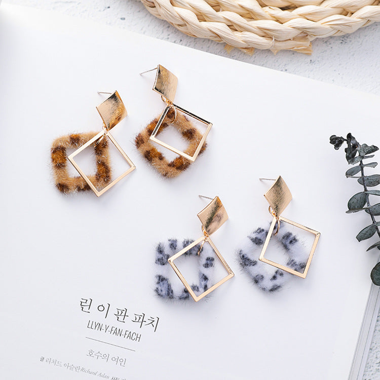 Leopard-printed geometric earrings metal square long earrings
