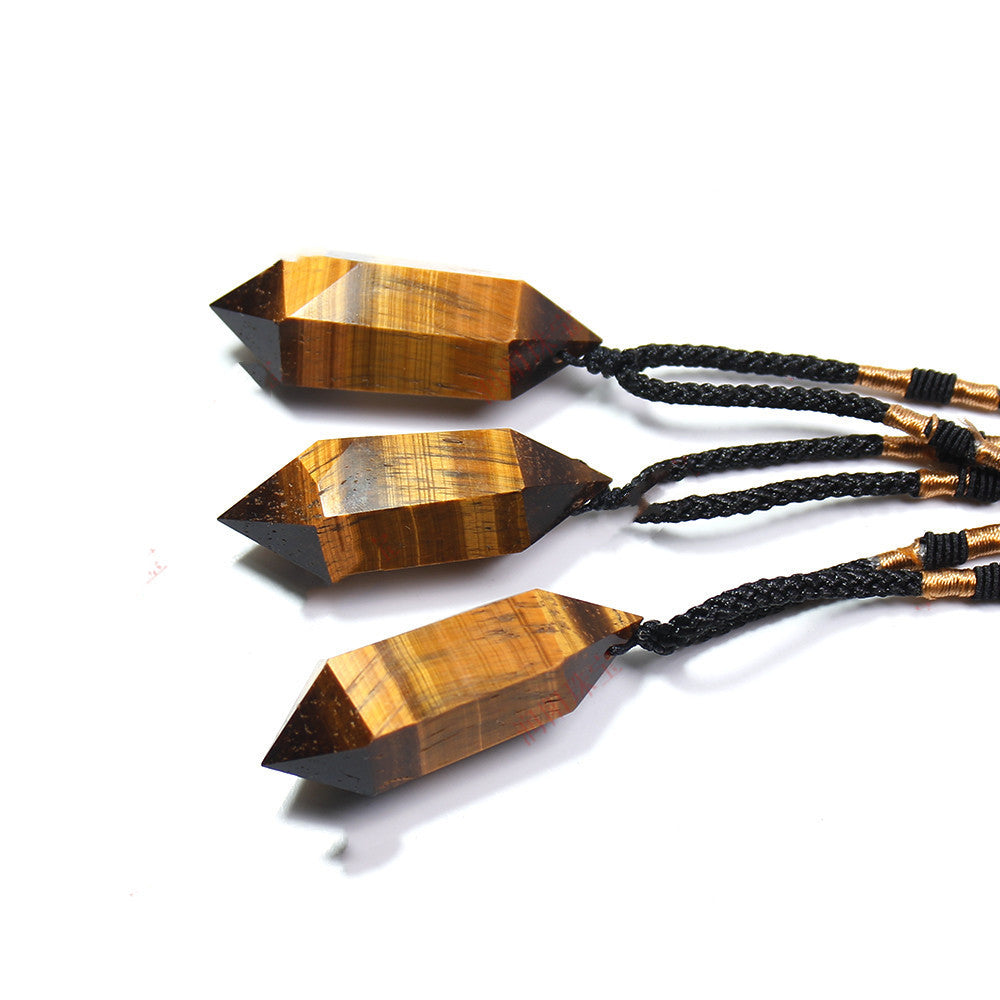 East China Sea Yellow Tiger Eye Stone Crystal Column Double Pointed Pendant Necklace