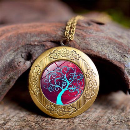Vintage Tree Of Life Time Stone Photo Box Pendant Necklace