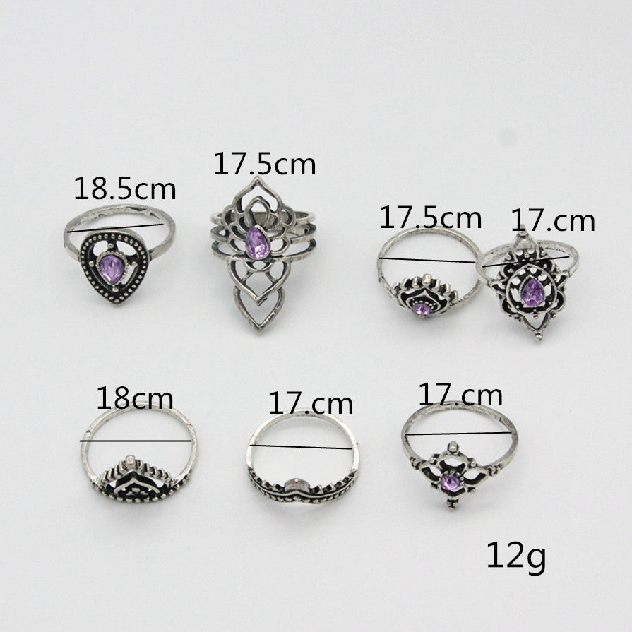 Vintage Purple Crystal Triangle Alloy Ring Set