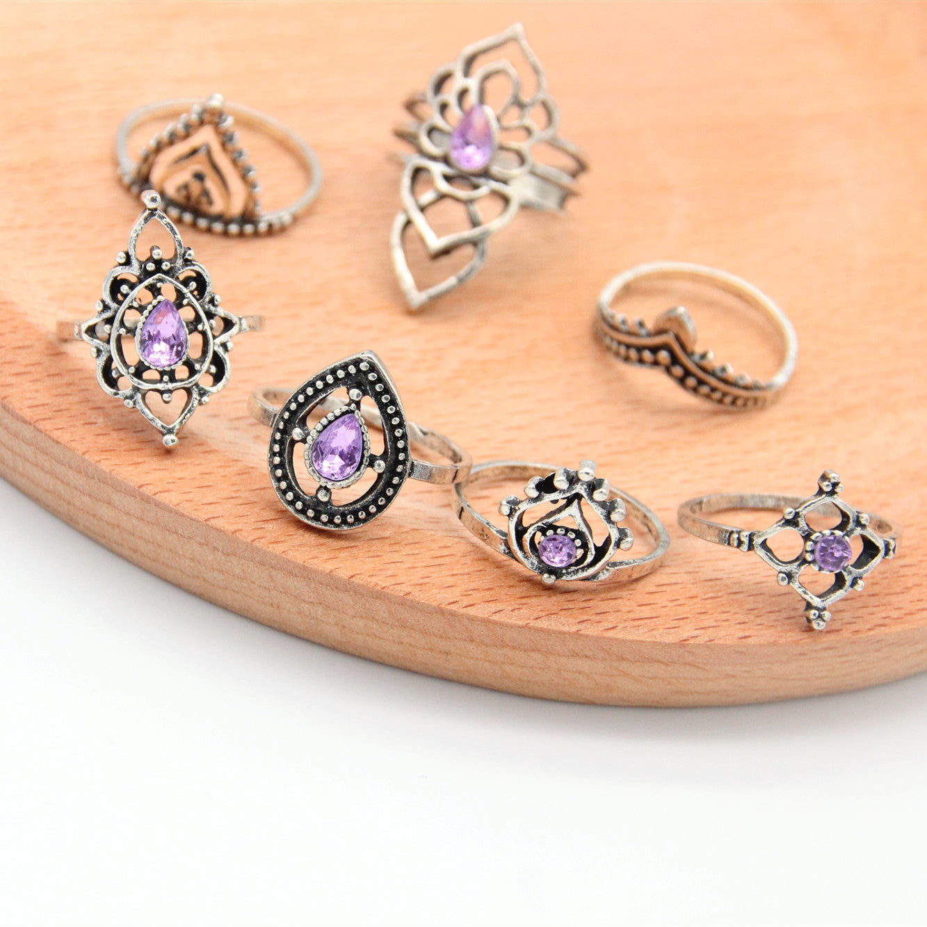 Vintage Purple Crystal Triangle Alloy Ring Set