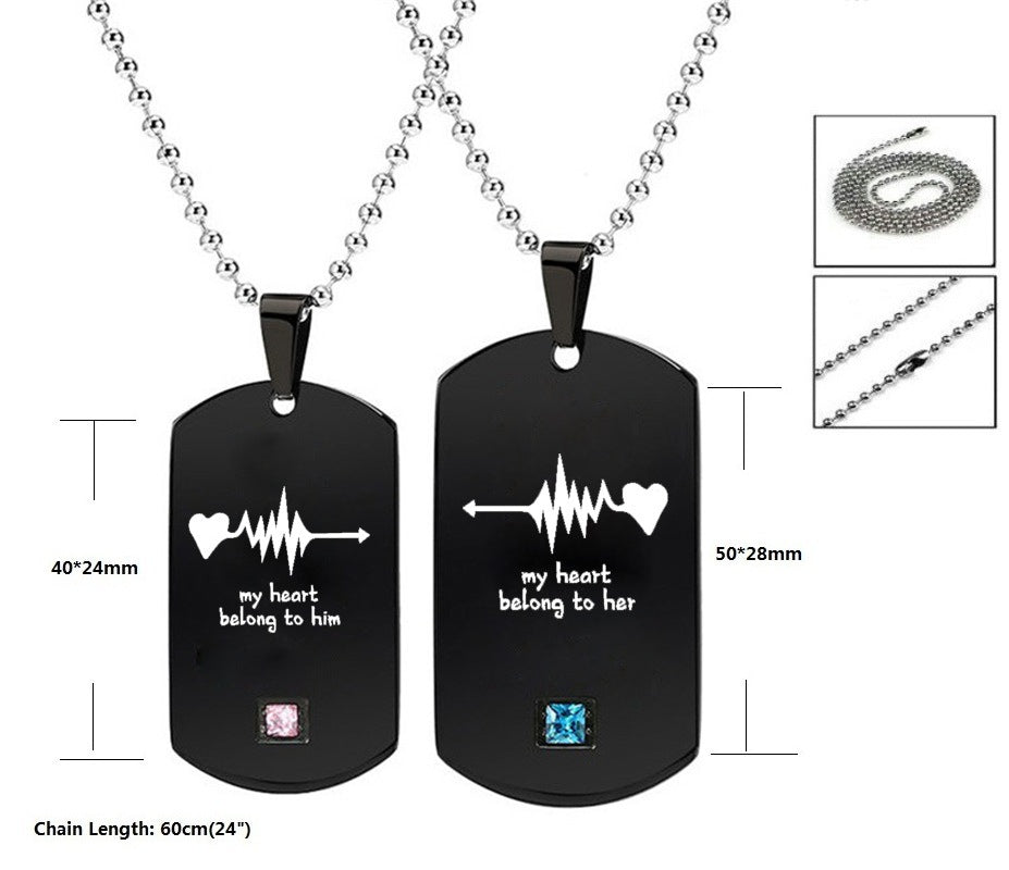 Heartbeat & Heart Shape Rocket Moon Couple Necklaces Black Titanium Steel DIY Engrave Tag Stone Pendant Necklace