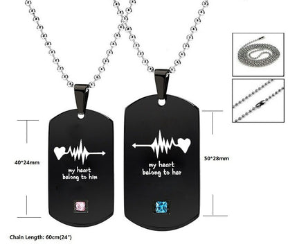 Heartbeat & Heart Shape Rocket Moon Couple Necklaces Black Titanium Steel DIY Engrave Tag Stone Pendant Necklace