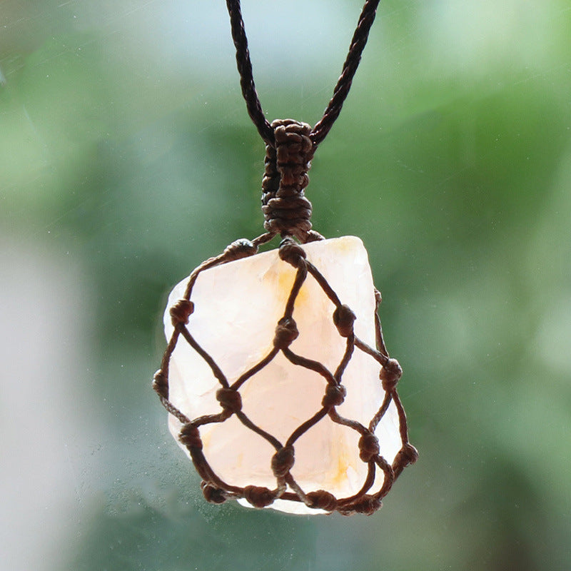 Rough Stone Mesh Pendant Crystal Agate Woven Necklace