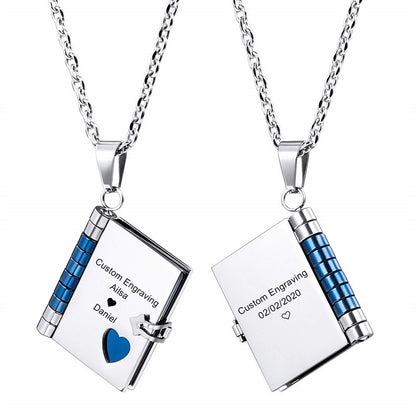 Stainless Steel Couple Book Pendant Necklace With Love