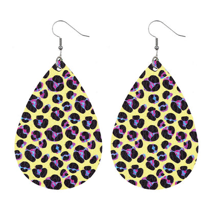 Leather Earrings With Drop-shaped Leopard Print On Both Sides