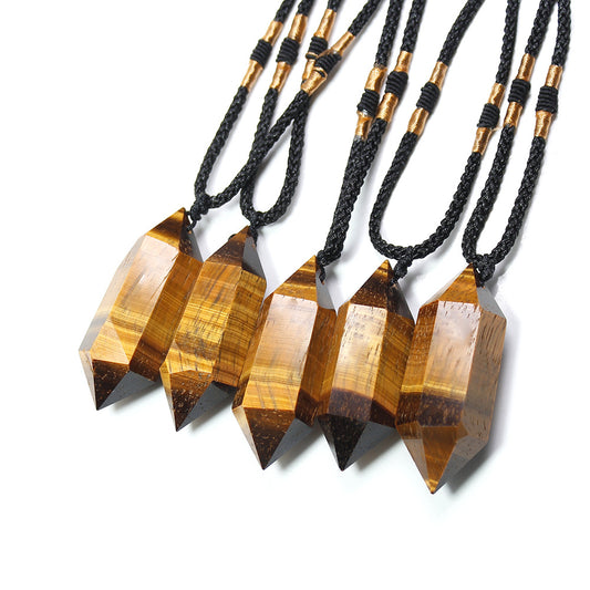 East China Sea Yellow Tiger Eye Stone Crystal Column Double Pointed Pendant Necklace