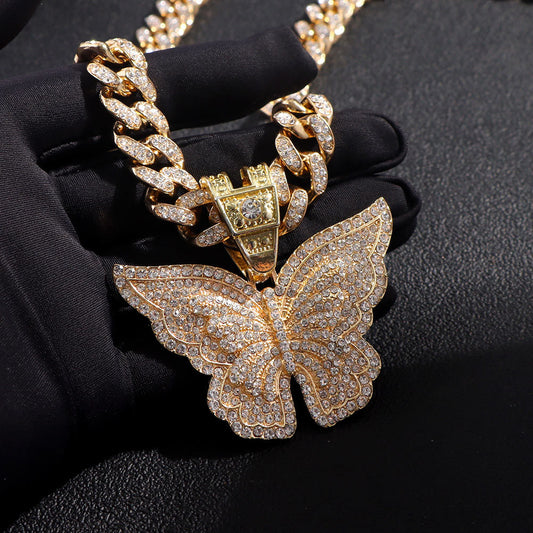 Exaggerated Butterfly Pendant Cuban Necklace With Diamonds