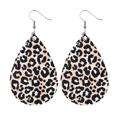 Leather Earrings With Drop-shaped Leopard Print On Both Sides