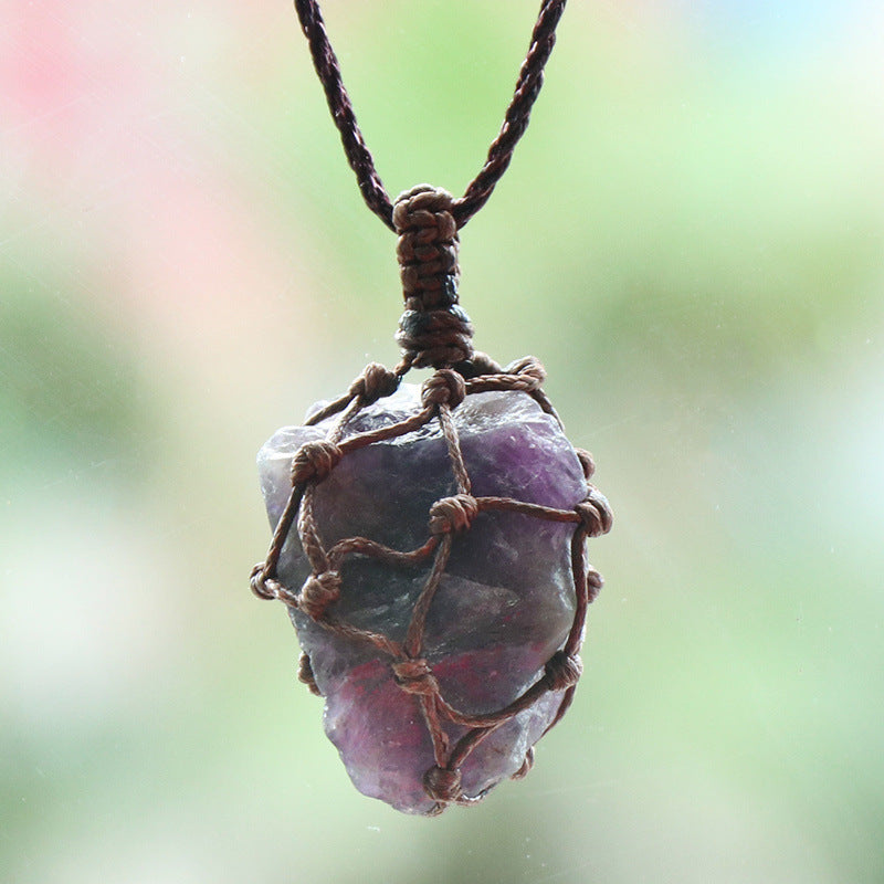 Rough Stone Mesh Pendant Crystal Agate Woven Necklace