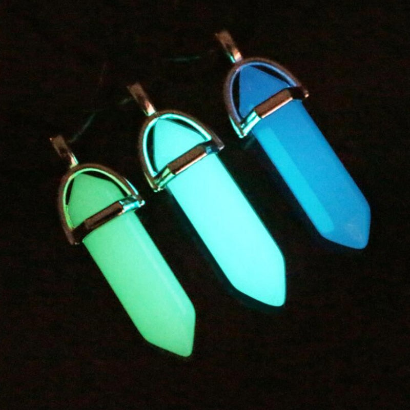 Leather Rope  Luminous Pendantfashion Luminous Stone Fluorescent Stone Hexagonal Natural Crystal Pendant Necklace