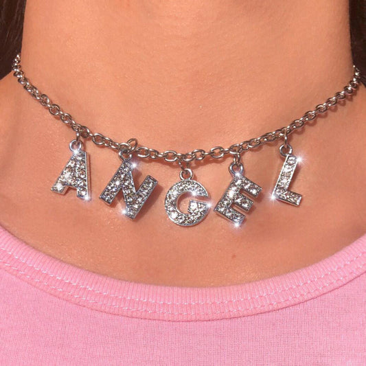 Angel Letter Bling Bling 90s Aesthetic  Necklace Women Choker Unisex DIY Name necklace Aesthetic Jewelry Femme Collier Drop Ship