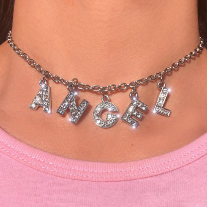 Angel Letter Bling Bling 90s Aesthetic  Necklace Women Choker Unisex DIY Name necklace Aesthetic Jewelry Femme Collier Drop Ship