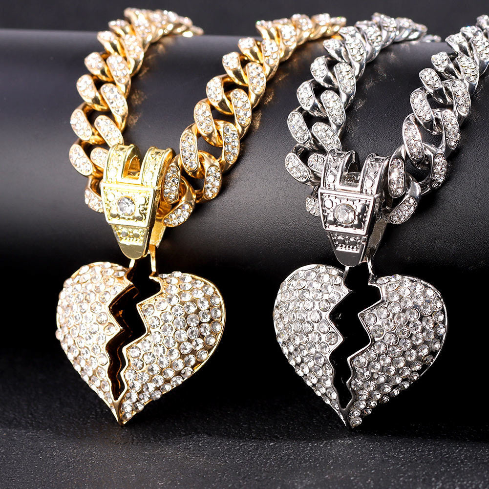 Exaggerated Geometric Heart Crack Pendant Cuban Necklace