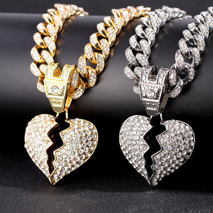 Exaggerated Geometric Heart Crack Pendant Cuban Necklace