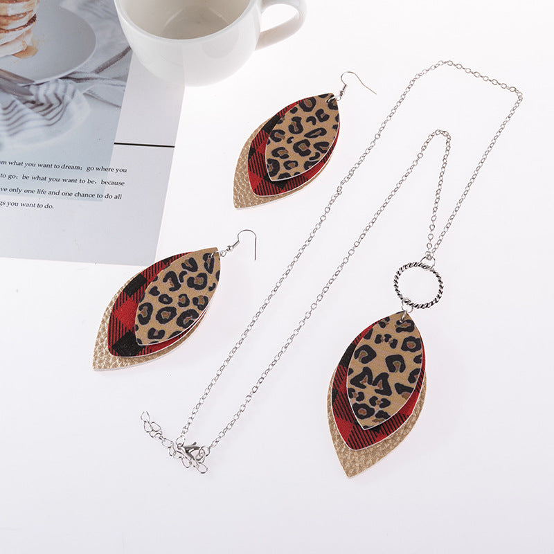 Fashion Vintage Leopard Print Earrings Plaid Leaves Three-layer Pu Leather Earrings