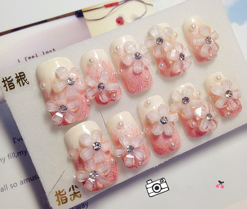 Custom Nail Piece Finished Product Lady Bride Gradient Crystal Flower