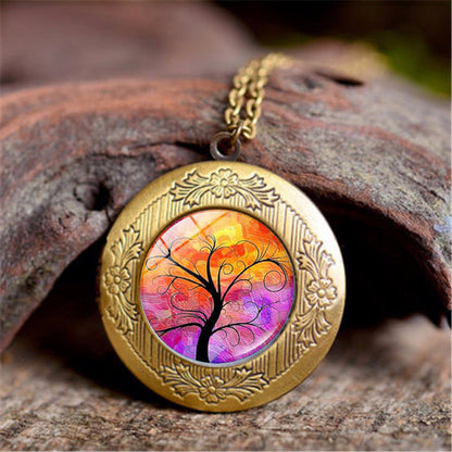 Vintage Tree Of Life Time Stone Photo Box Pendant Necklace