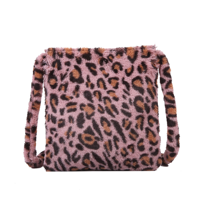 Leopard print plush crossbody bag