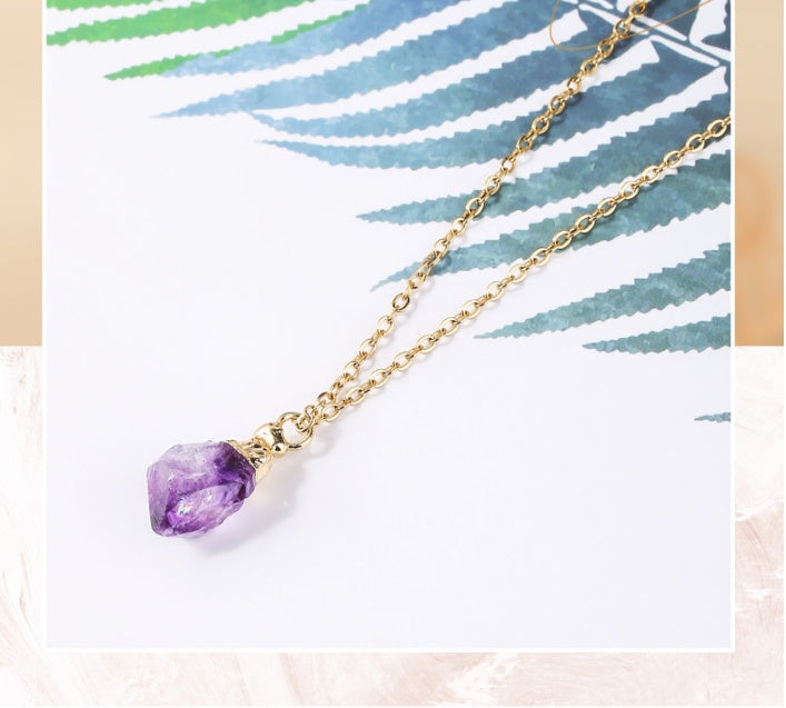 Amethyst Rough Stone Gold Plated Pendant Necklace Simple Style Ladies Jewelry Clavicle Chain