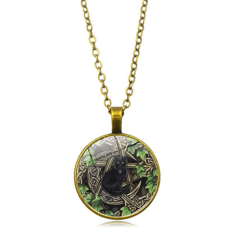 Five-pointed Star Black Cat Time Stone Pendant Necklace For Women