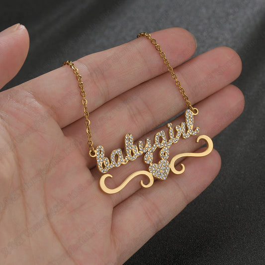 Love Heart Encrusted Diamond Name Letter Women Necklace
