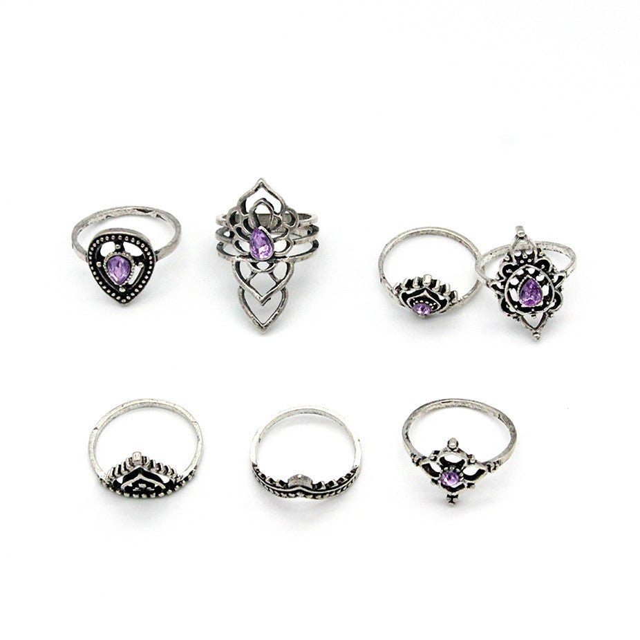Vintage Purple Crystal Triangle Alloy Ring Set