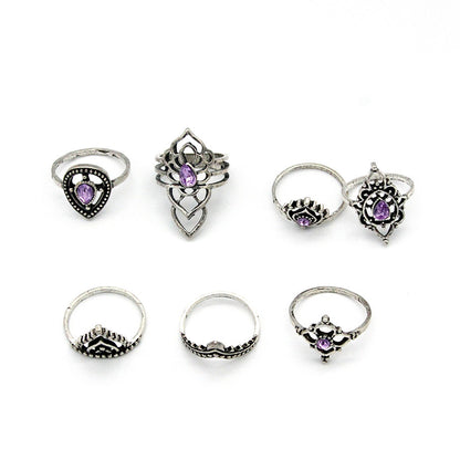 Vintage Purple Crystal Triangle Alloy Ring Set