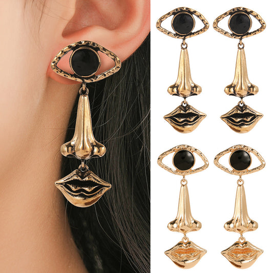 Exaggerated Long Retro Nose Lips Eye Earrings
