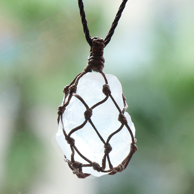 Rough Stone Mesh Pendant Crystal Agate Woven Necklace