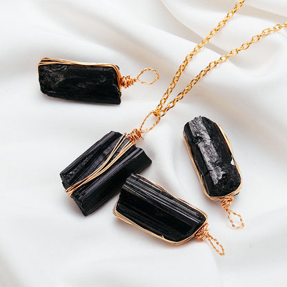 Natural Crystal Rough Black Tourmaline Gold Chain Pendant
