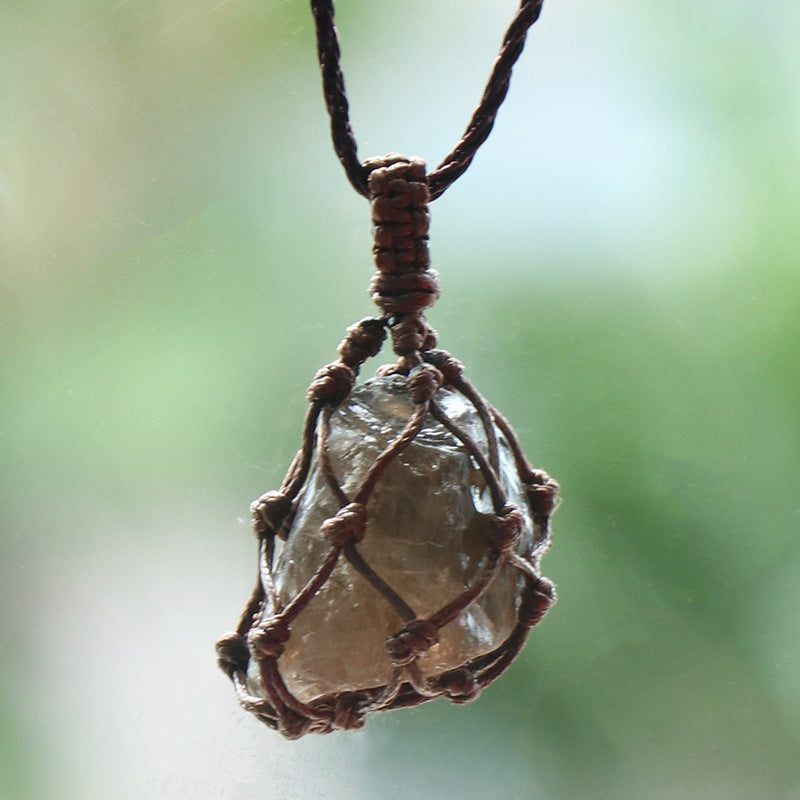 Rough Stone Mesh Pendant Crystal Agate Woven Necklace