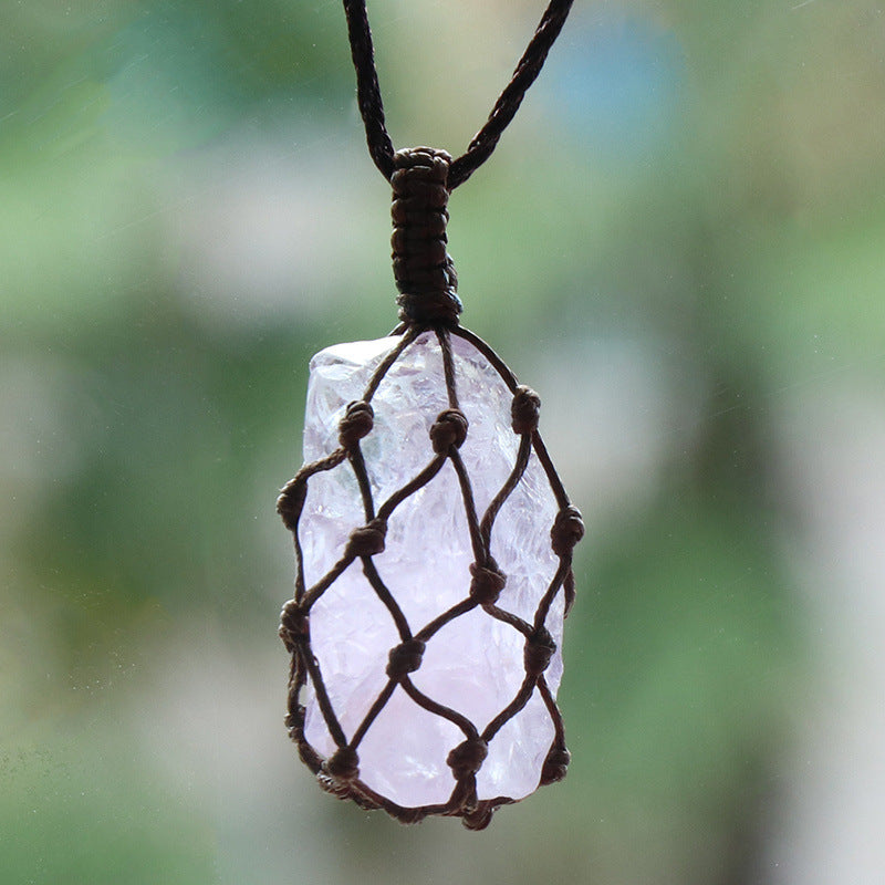 Rough Stone Mesh Pendant Crystal Agate Woven Necklace