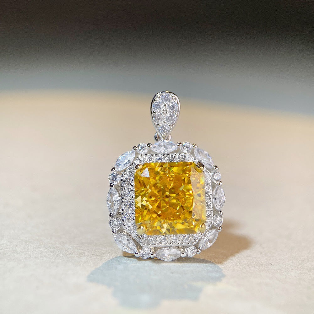 2026 New S925 Through Sterling Silver Necklace High Carbon Diamond Radiant Cut Pendant Collarbone Chain Heavy Duty Ho Set Yellow Diamonds