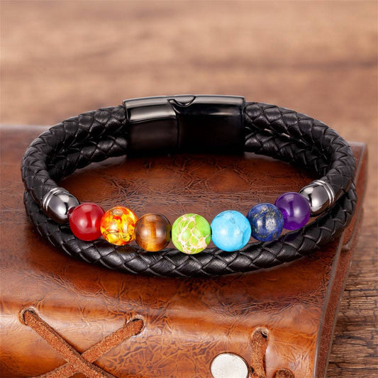 Colorful 8mm Stone Beaded Vintage Leather Natural Stone Bracelet