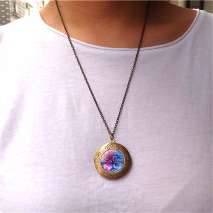 Vintage Tree Of Life Time Stone Photo Box Pendant Necklace