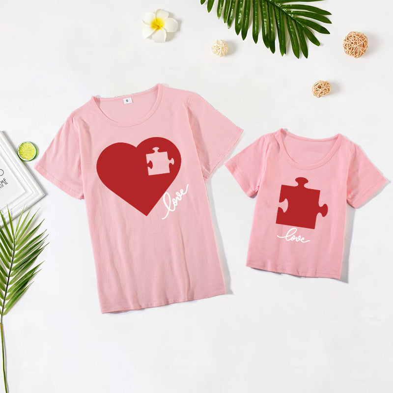 Valentine's Day Creative Puzzle Heart Printing Mother-daughter Matching Outfit Top