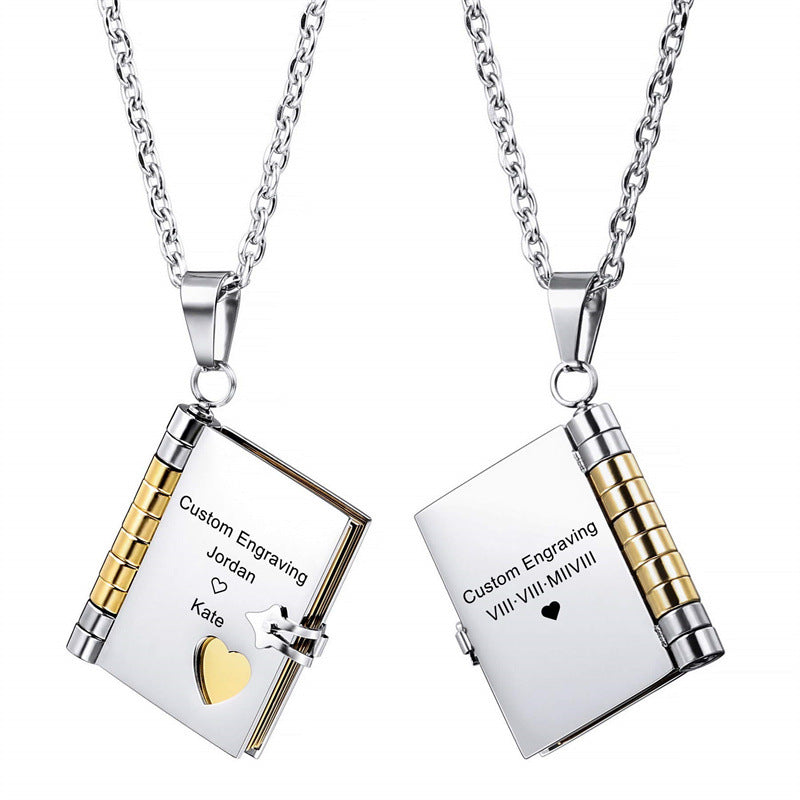 Stainless Steel Couple Book Pendant Necklace With Love