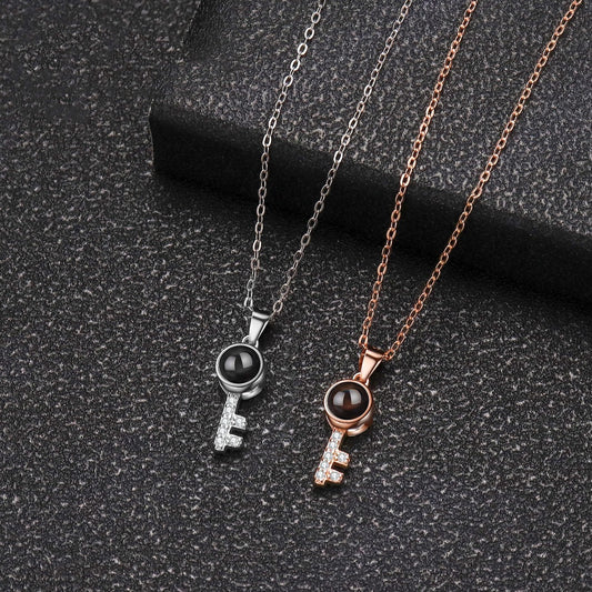 Minimalist Pure Silver Key Pendant Photo Projection Necklace