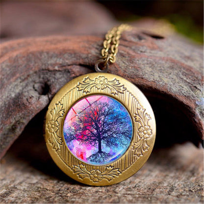 Vintage Tree Of Life Time Stone Photo Box Pendant Necklace