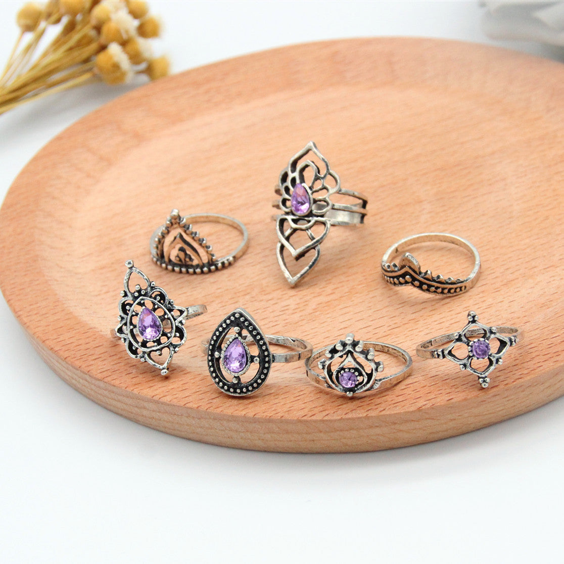 Vintage Purple Crystal Triangle Alloy Ring Set