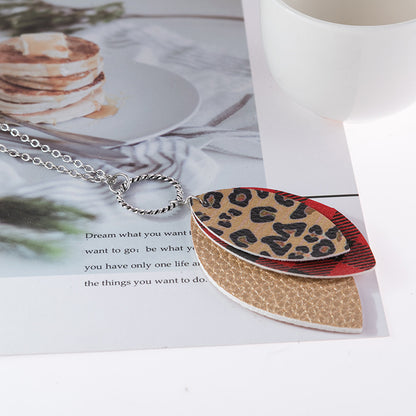 Fashion Vintage Leopard Print Earrings Plaid Leaves Three-layer Pu Leather Earrings
